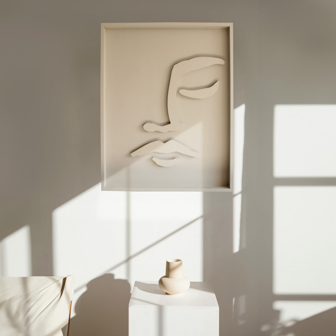 Minimalist wood wall relief art featuring fluid lines and organic shapes, handcrafted in South Africa