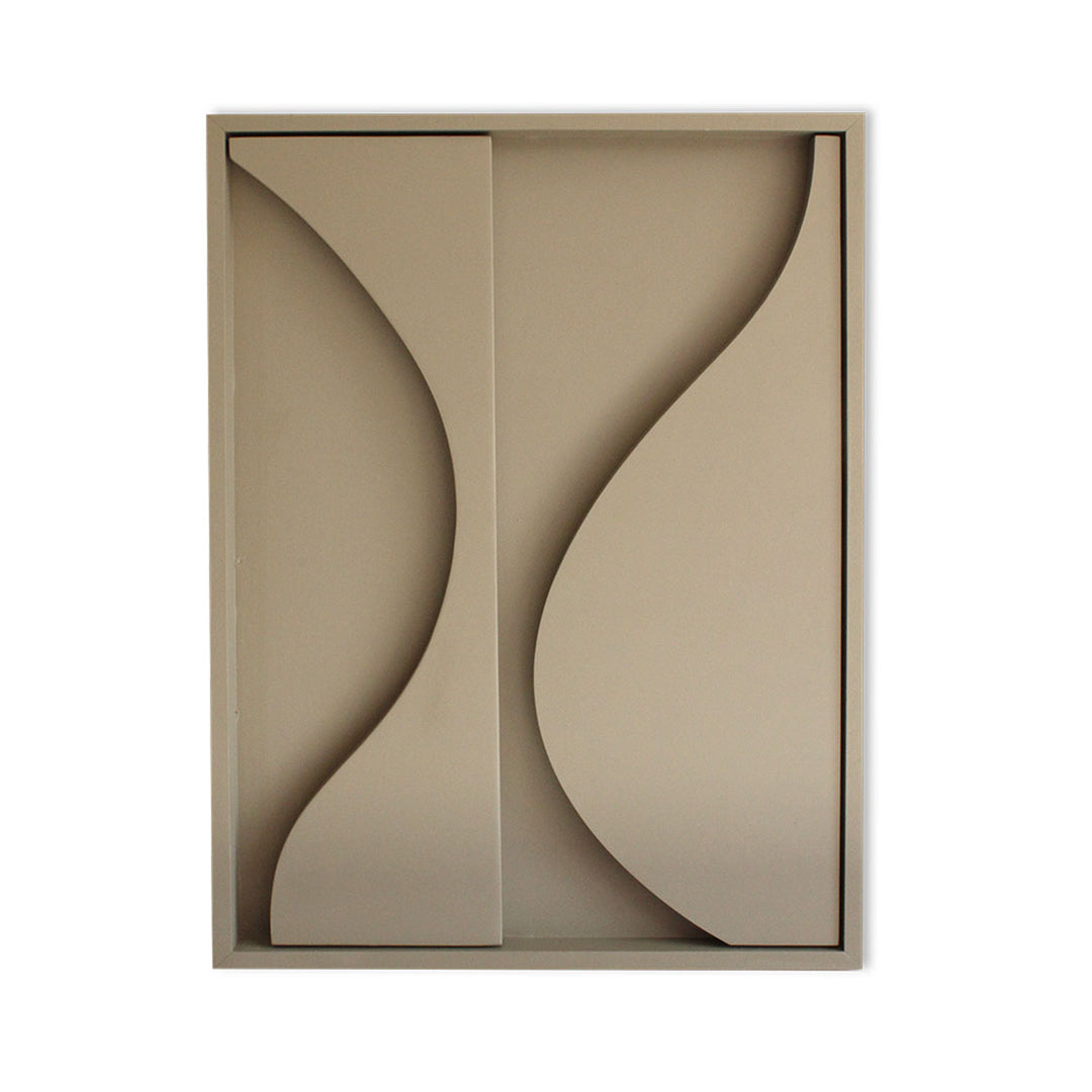 The custom abstract wooden wall art, named "Eclipse" by Living Things Creative, showcases smooth curved shapes forming a symmetrical design within a rectangular frame. Handmade locally, this piece offers a minimalist and modern appearance in a monochromatic sage colour palette.