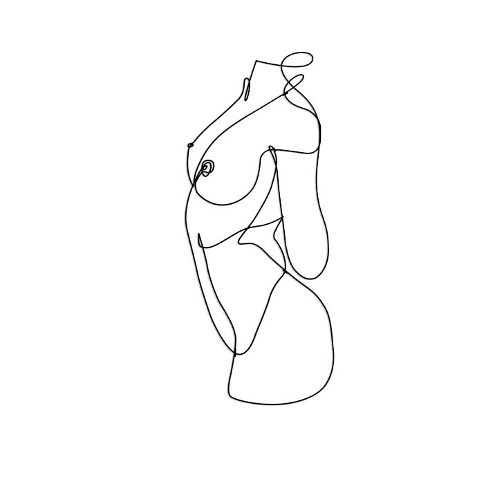 The abstract feminine steel wall art" by Living Things Creative showcases a minimalist design featuring a side-profile silhouette of a woman, crafted with continuous black lines. This locally made piece embodies elegance and timeless beauty against a simple white background.