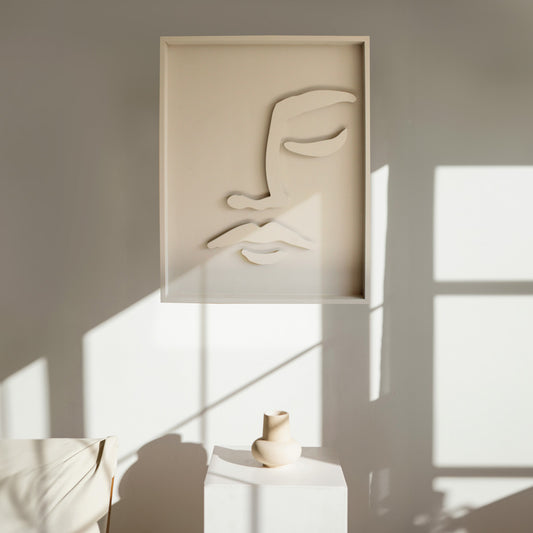 Minimalist wood wall relief art featuring fluid lines and organic shapes, handcrafted in South Africa