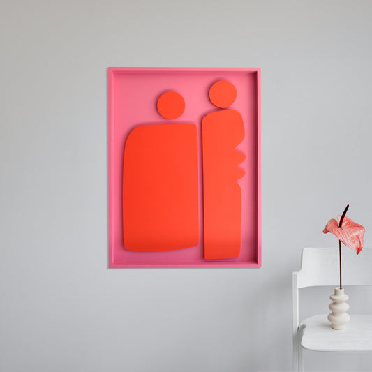 Minimalist wood wall relief art featuring fluid lines in the shape of two people, handcrafted in South Africa