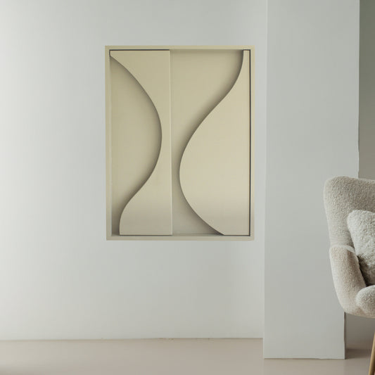 Abstract wall art with curving lines, displayed above a sage armchair in a minimalist living room setting.