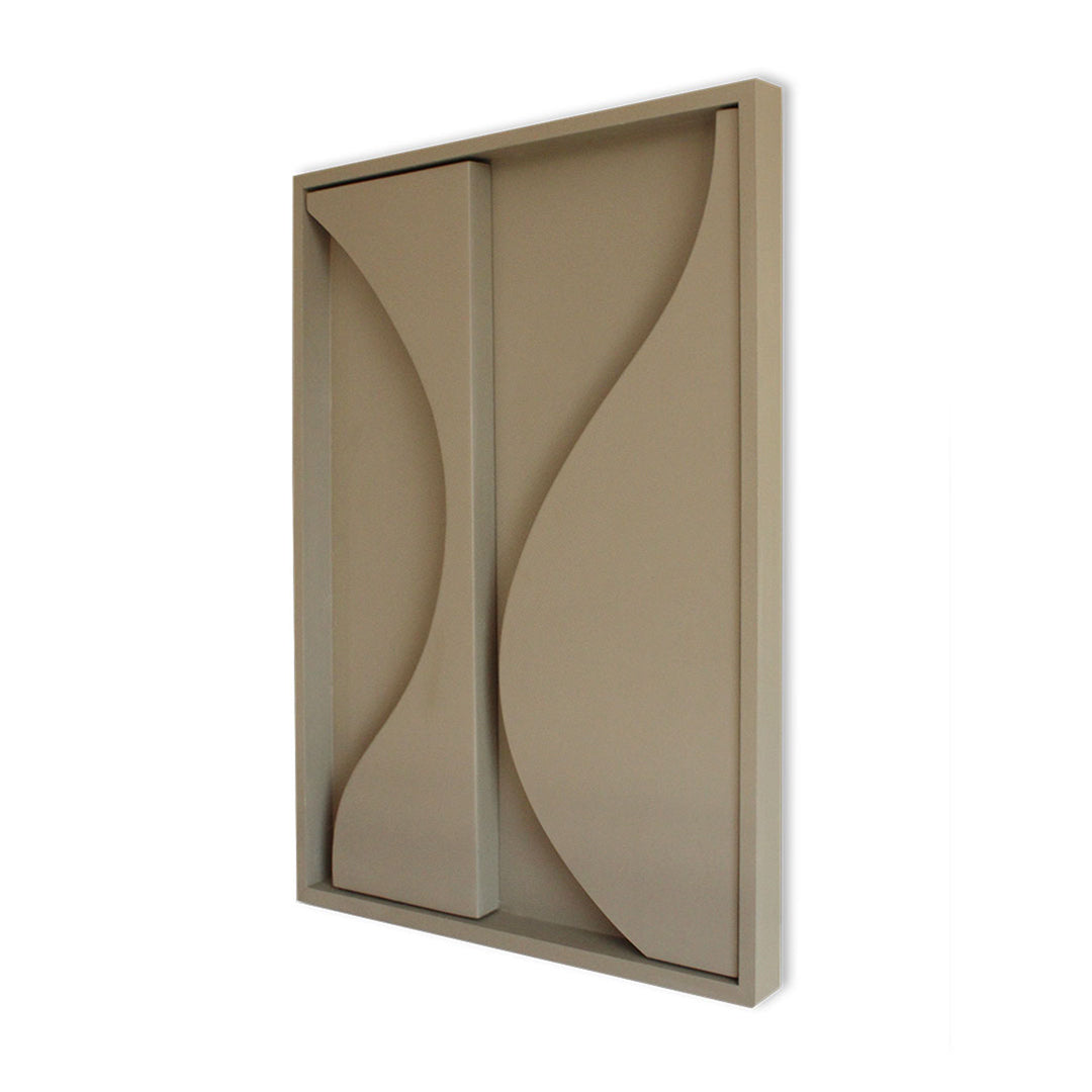 A custom abstract wooden wall art, named "Eclipse" by Living Things Creative, showcases smooth curved shapes forming a symmetrical design within a rectangular frame. Handmade locally, this piece offers a minimalist and modern appearance in a monochromatic sage colour palette.