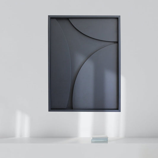 Handcrafted black abstract textured wall art measuring 850mm x 650mm x 40mm, designed to elevate modern interiors