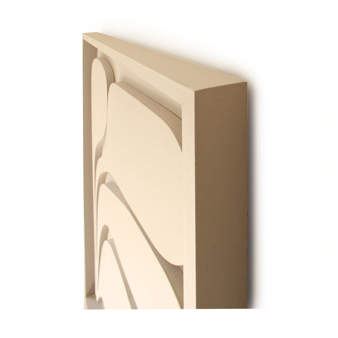 Minimalist wood wall relief art featuring fluid lines and organic shapes, handcrafted in South Africa