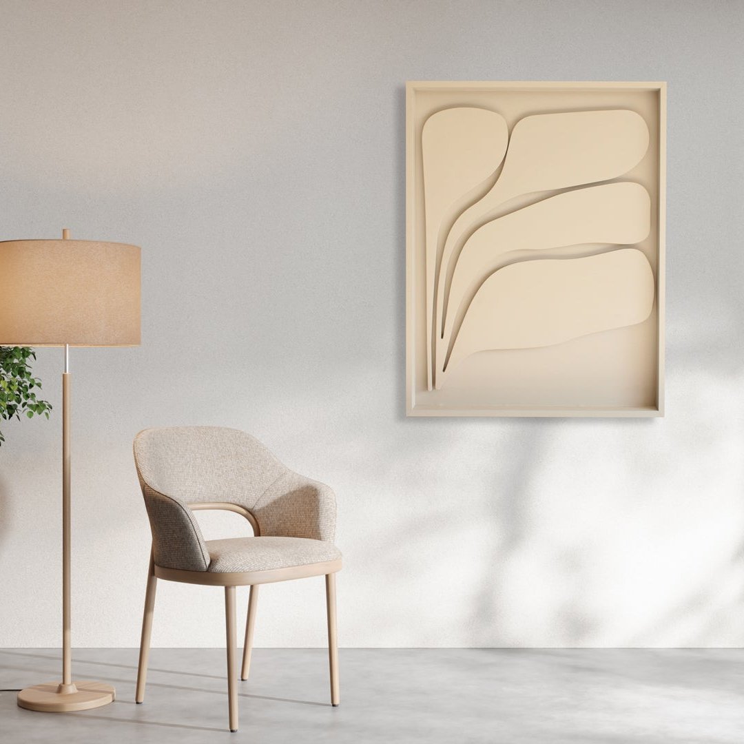 A minimalist room features a taupe armchair, a beige floor lamp, and a potted plant on a wooden cabinet. The "Flux" by Living Things Creative, a handmade abstract wooden wall art piece in beige, hangs beautifully, casting soft shadows across the frame.
