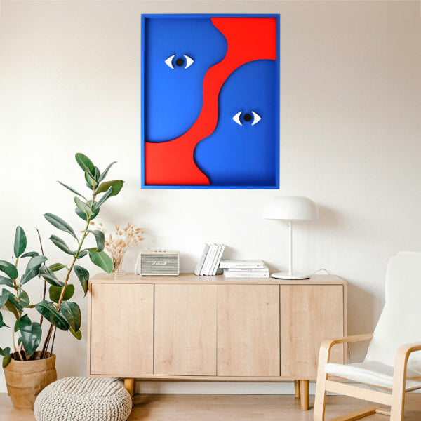 Handcrafted red and blue abstract textured wall art measuring 850mm x 650mm x 40mm, designed to elevate modern interiors