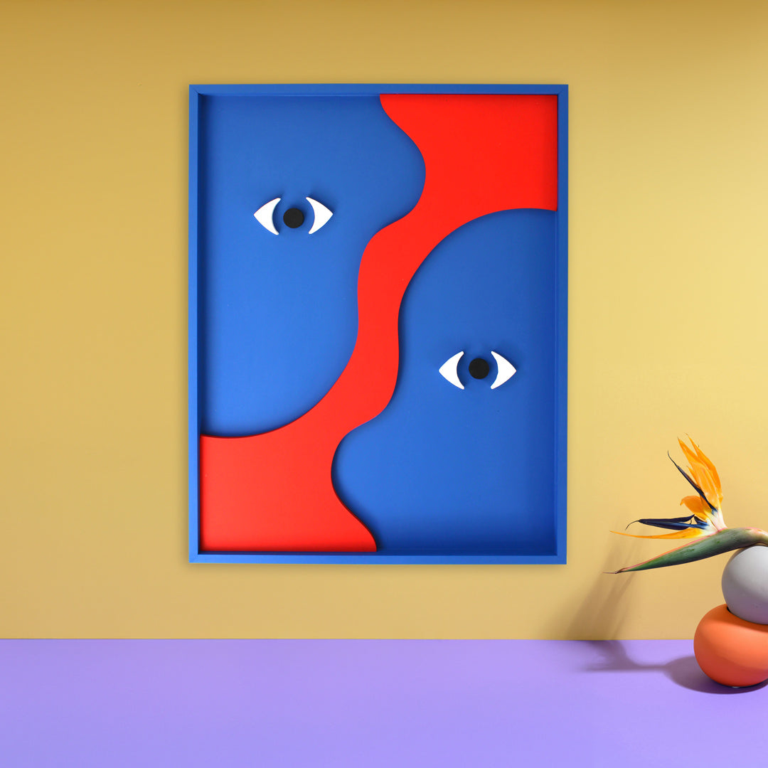 Handcrafted red and blue abstract textured wall art measuring 850mm x 650mm x 40mm, designed to elevate modern interiors