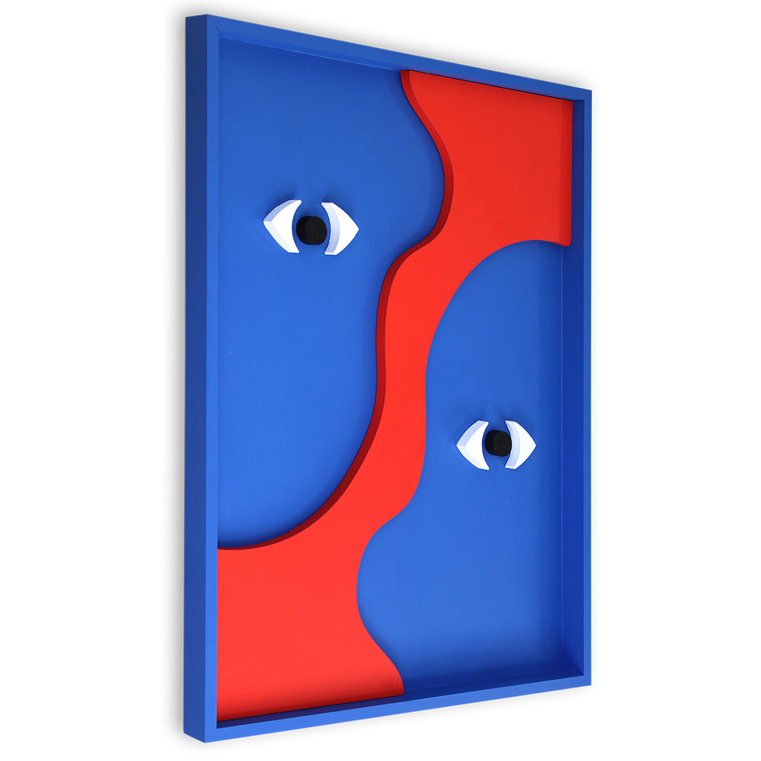 Handcrafted red and blue abstract textured wall art measuring 850mm x 650mm x 40mm, designed to elevate modern interiors
