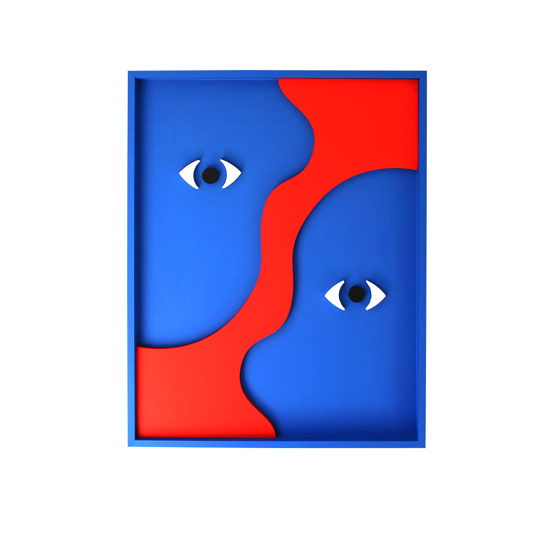 Handcrafted red and blue abstract textured wall art measuring 850mm x 650mm x 40mm, designed to elevate modern interiors