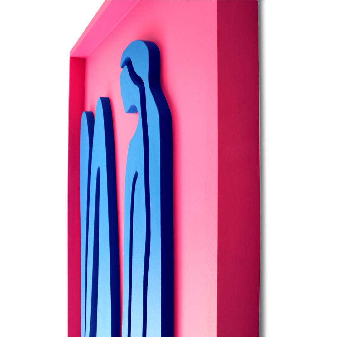 Handcrafted abstract wood wall art featuring blue organic shapes on a vibrant pink background