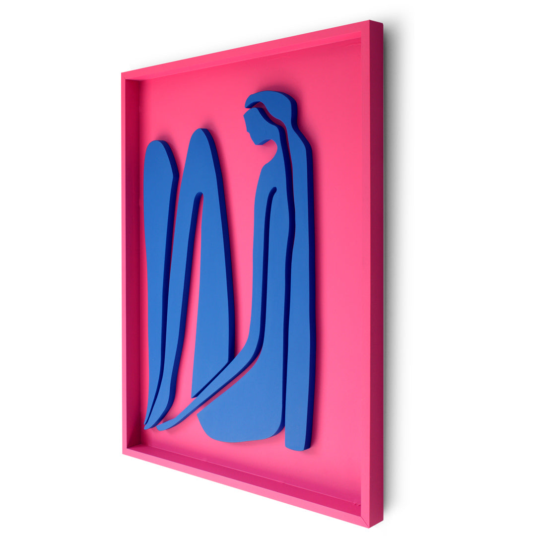Handcrafted abstract wood wall art featuring blue organic shapes on a vibrant pink background,